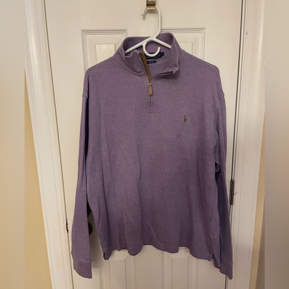 Light purple polo quarter zip pullover.